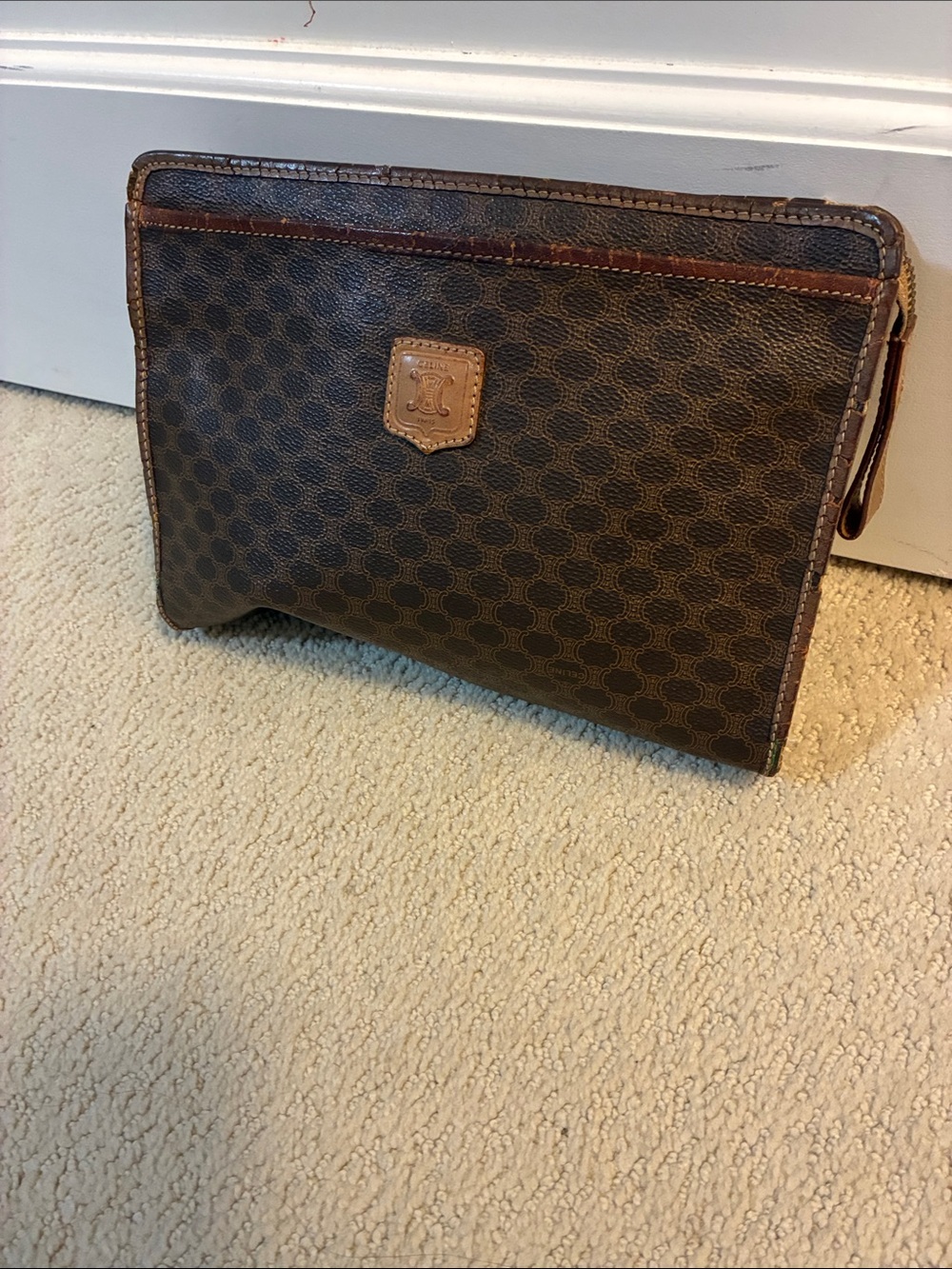 Celine Brown Monogram Toiletry Pouch with Leather Trim👝